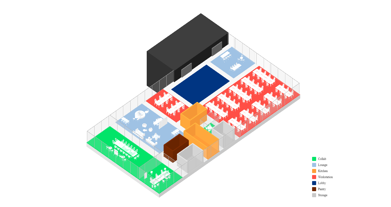 prompt user: "Generate an office layout with a lobby near to core, two kitchens and storages, three meeting rooms"