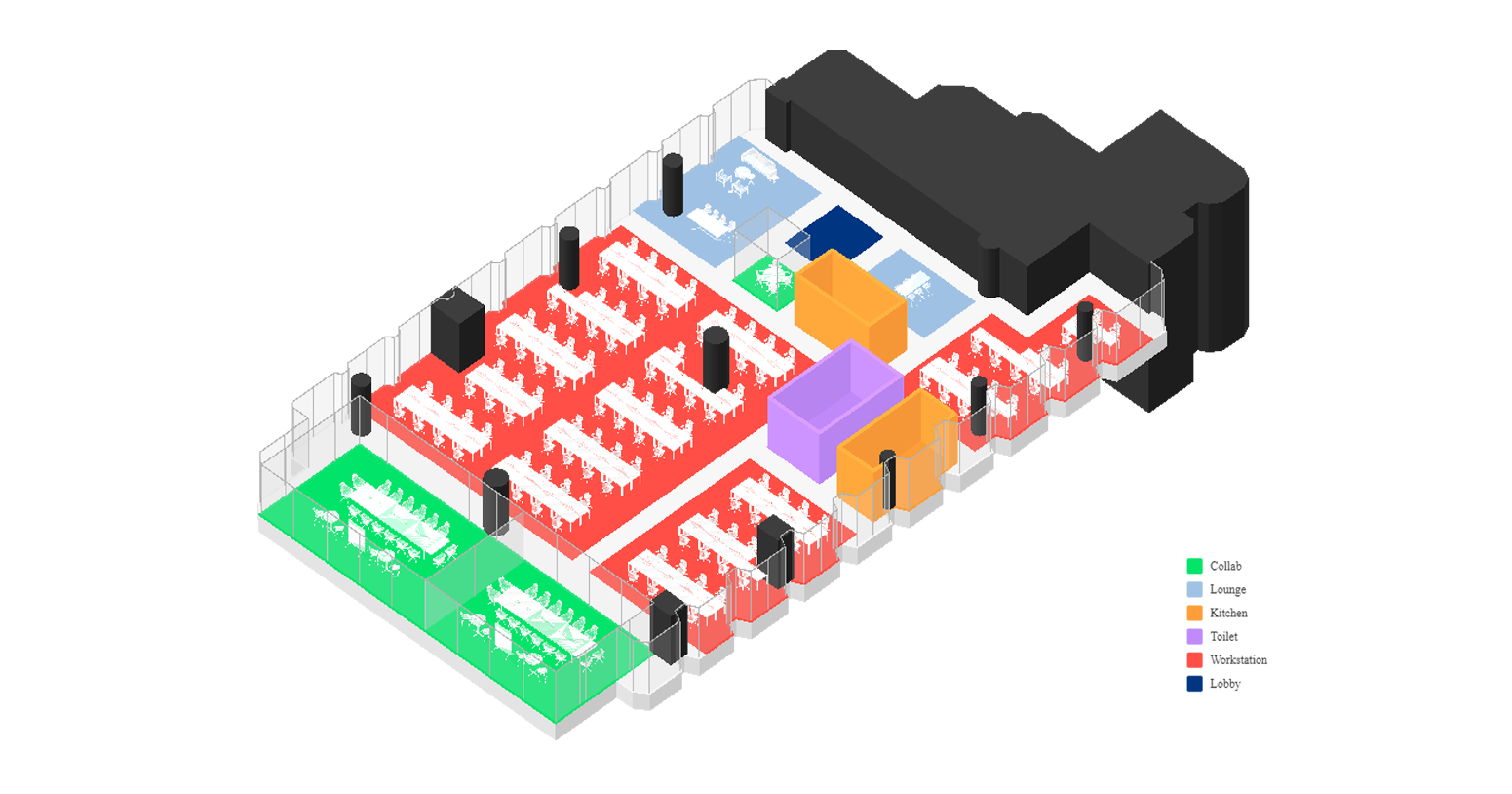 prompt user: "Generate an office layout with: two lounges, two kitchens, a toilet, three meeting rooms"