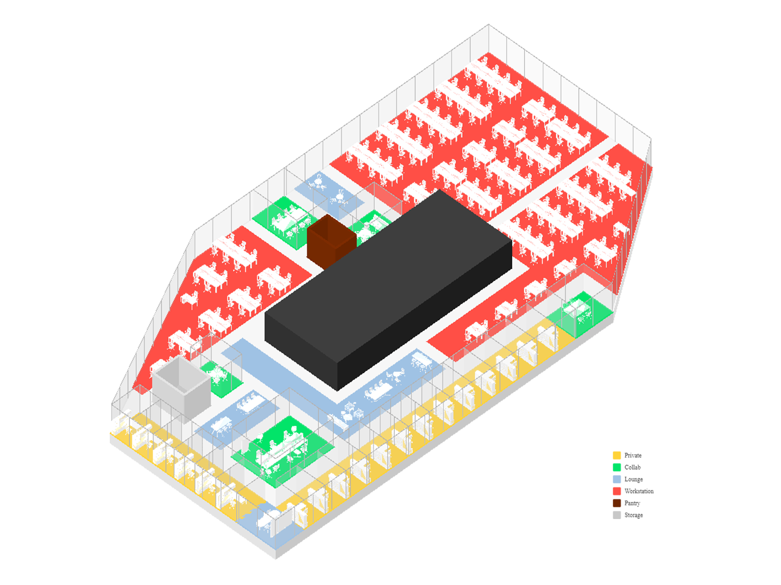 prompt user: "Private rooms on the left bottom sides. Five meeting rooms. Some functional and social zones"