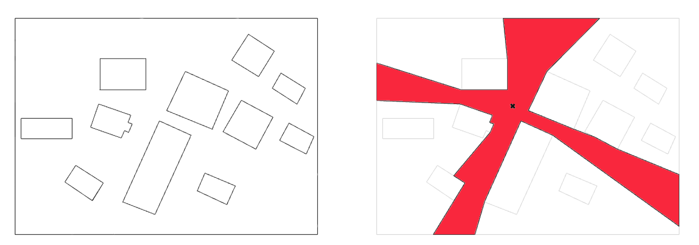 What is a visibility polygon? From the left, Obstacles · Visibility polygon